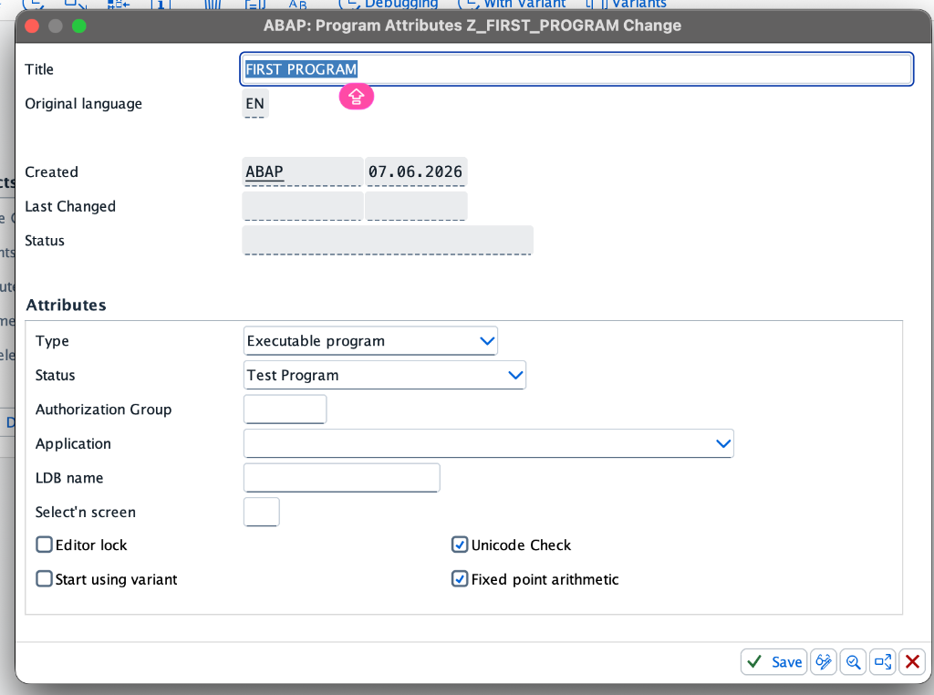 ABAP Program Attributes Screen