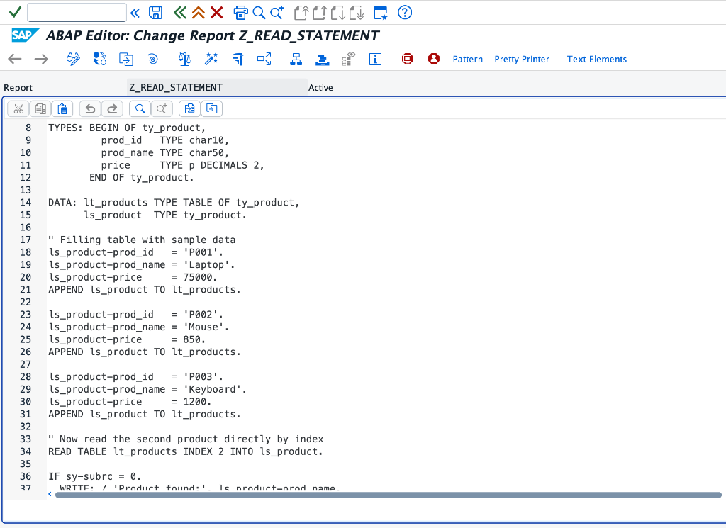 ABAP Editor READ TABLE INDEX Example