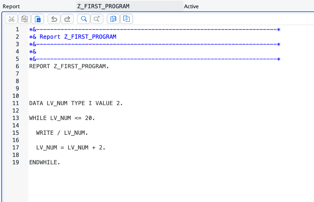 Even numbers WHILE Loop program in SAP GUI ABAP Editor